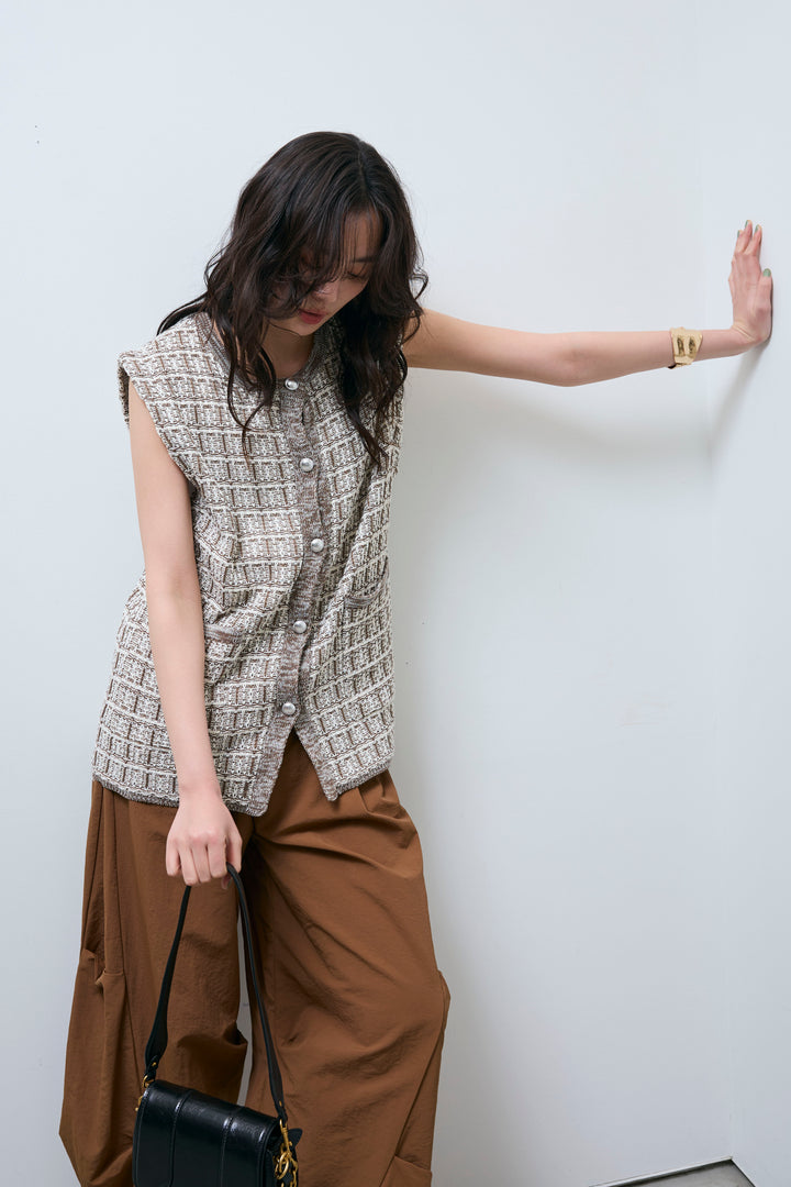 [予約/SET]ツイードライクニットベスト+ドライタフタバレルレッグパンツ(2set)