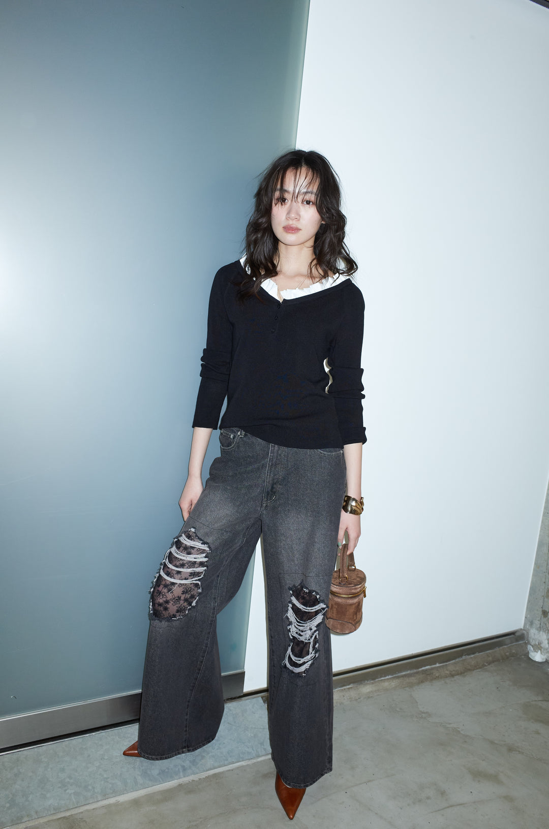 [予約/SET]ミニフリルニットトップス+レース付きダメージデニム(2set)