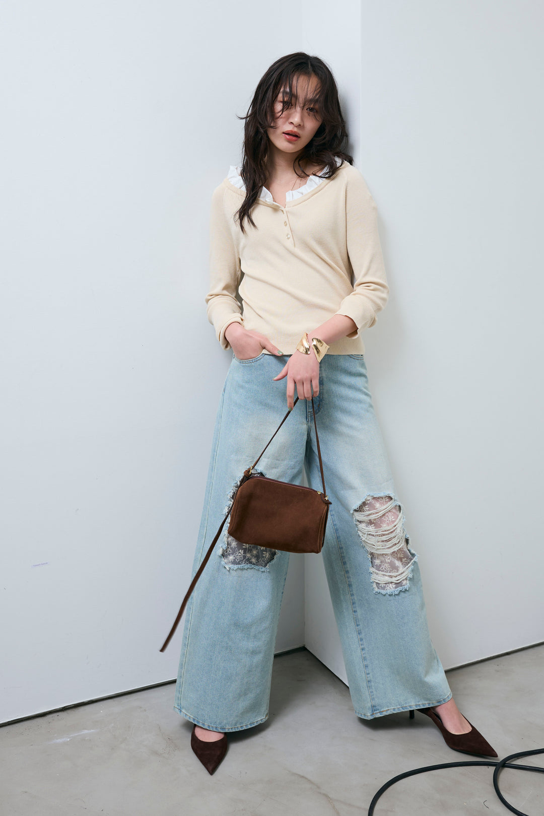 [予約/SET]ミニフリルニットトップス+レース付きダメージデニム(2set)