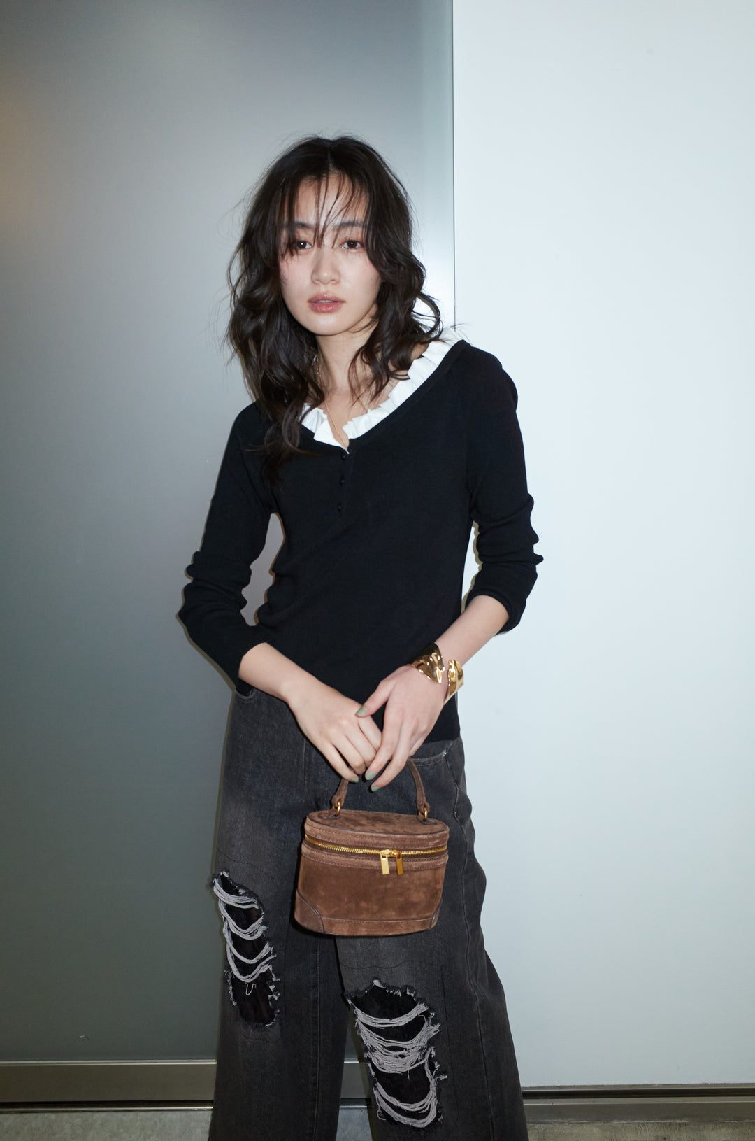 [予約/SET]ミニフリルニットトップス+レース付きダメージデニム(2set)