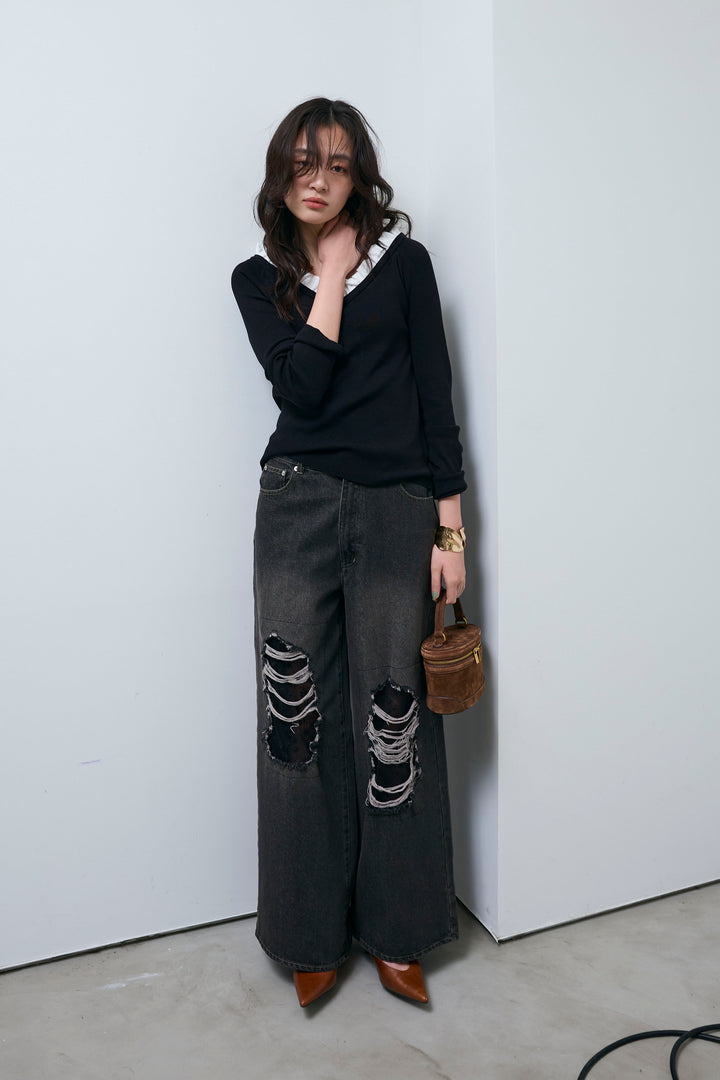 [予約/SET]ミニフリルニットトップス+レース付きダメージデニム(2set)