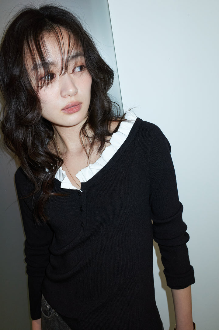 [予約/SET]ミニフリルニットトップス+レース付きダメージデニム(2set)