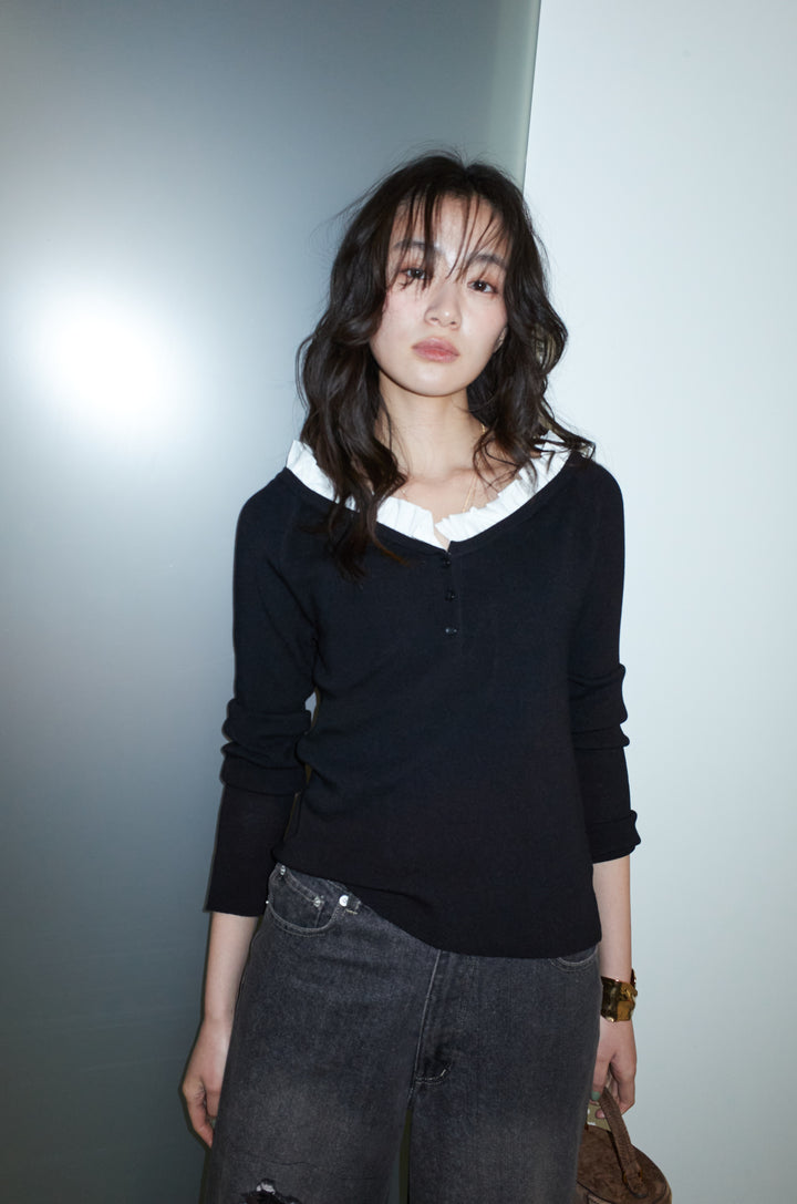 [予約/SET]ミニフリルニットトップス+レース付きダメージデニム(2set)