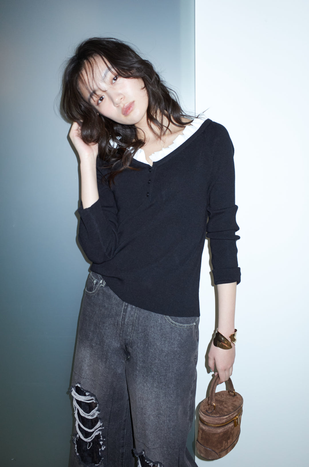 [予約/SET]ミニフリルニットトップス+レース付きダメージデニム(2set)