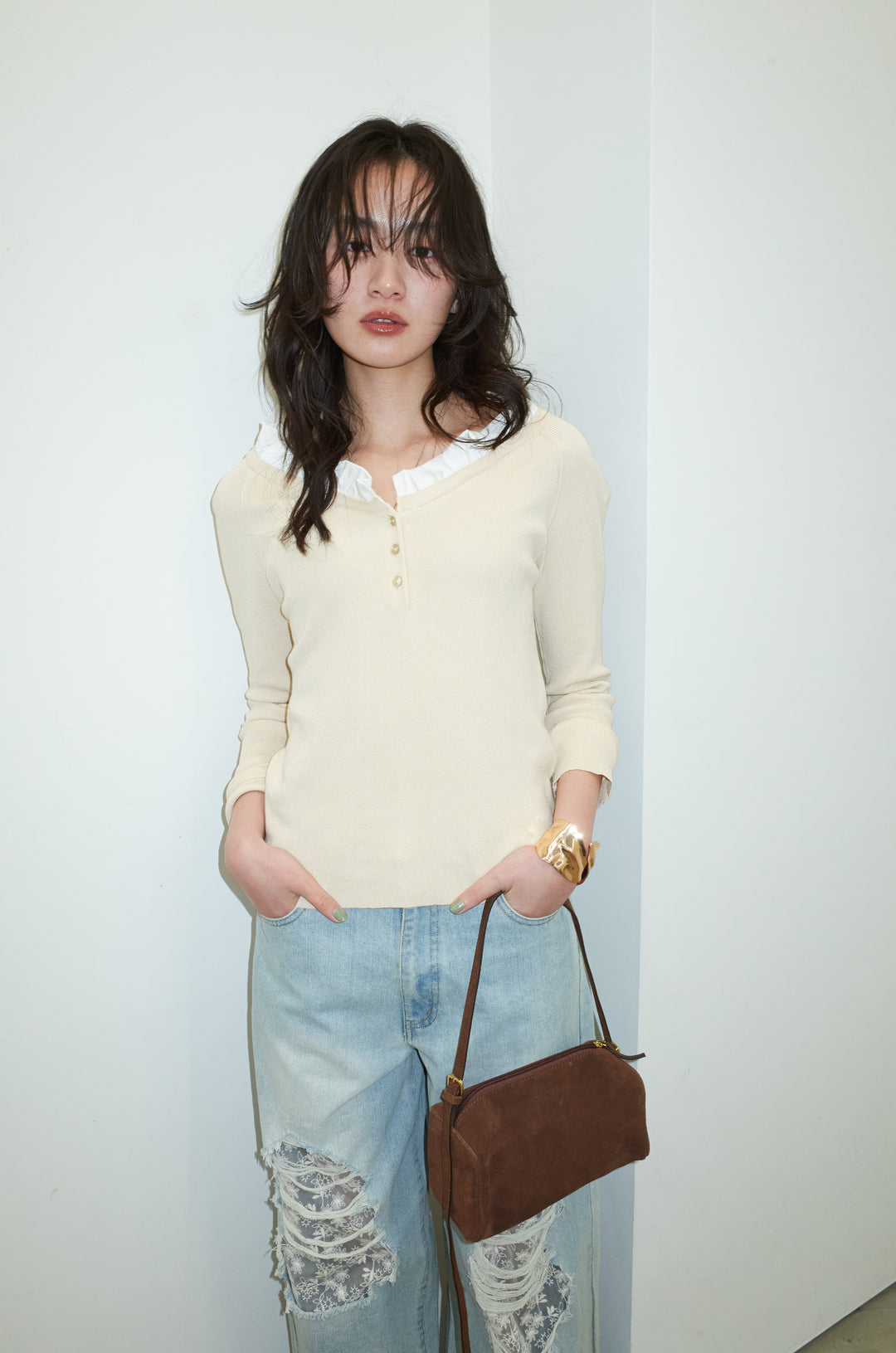 [予約/SET]ミニフリルニットトップス+レース付きダメージデニム(2set)