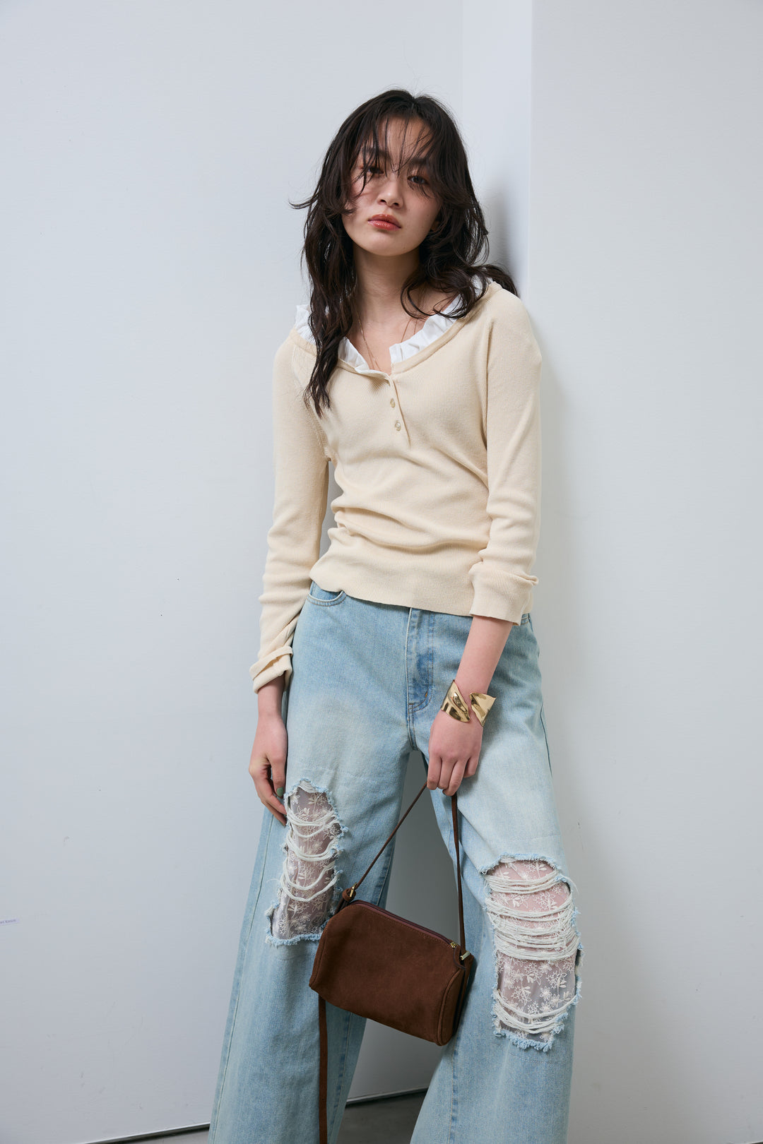 [予約/SET]ミニフリルニットトップス+レース付きダメージデニム(2set)