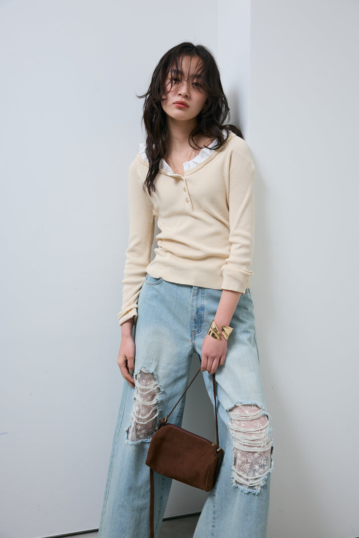 [予約/SET]ミニフリルニットトップス+レース付きダメージデニム(2set)