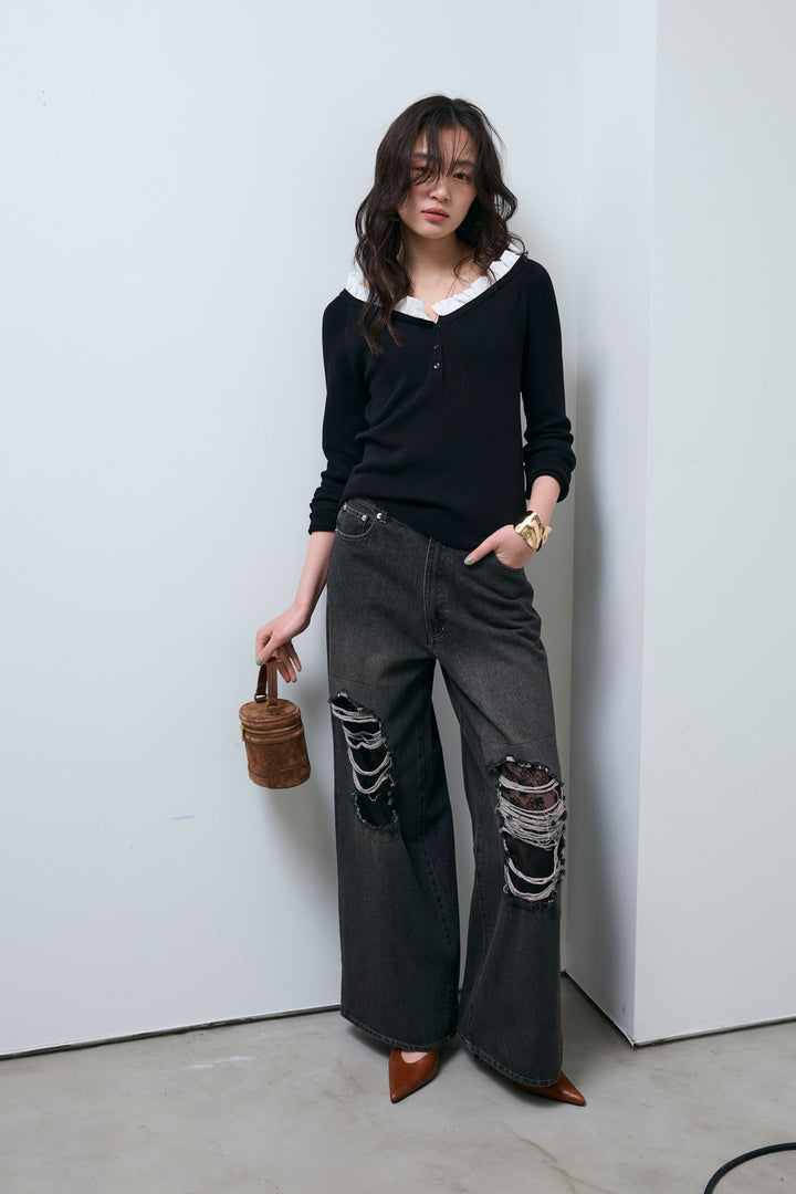 [予約/SET]ミニフリルニットトップス+レース付きダメージデニム(2set)