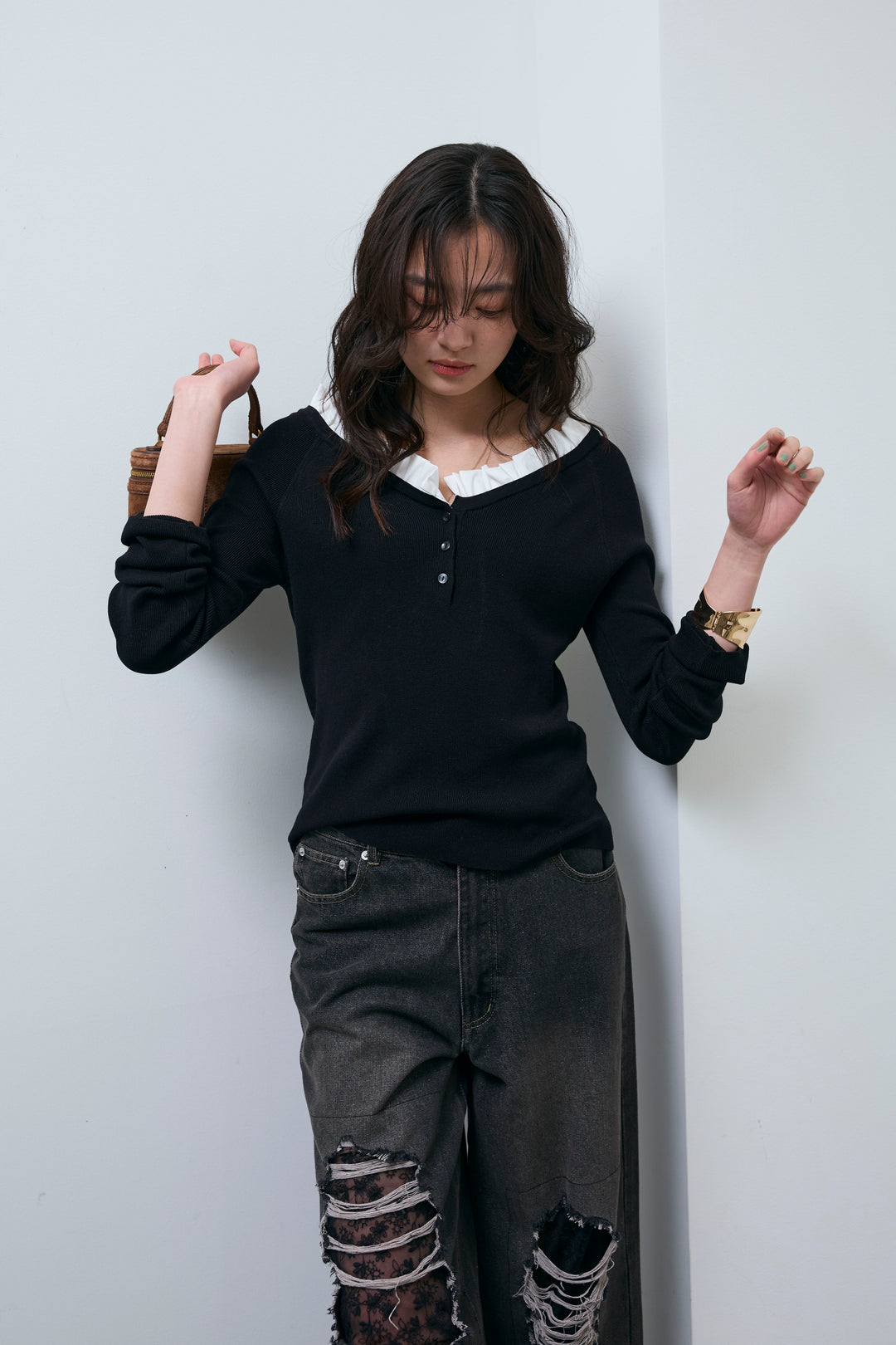 [予約/SET]ミニフリルニットトップス+レース付きダメージデニム(2set)