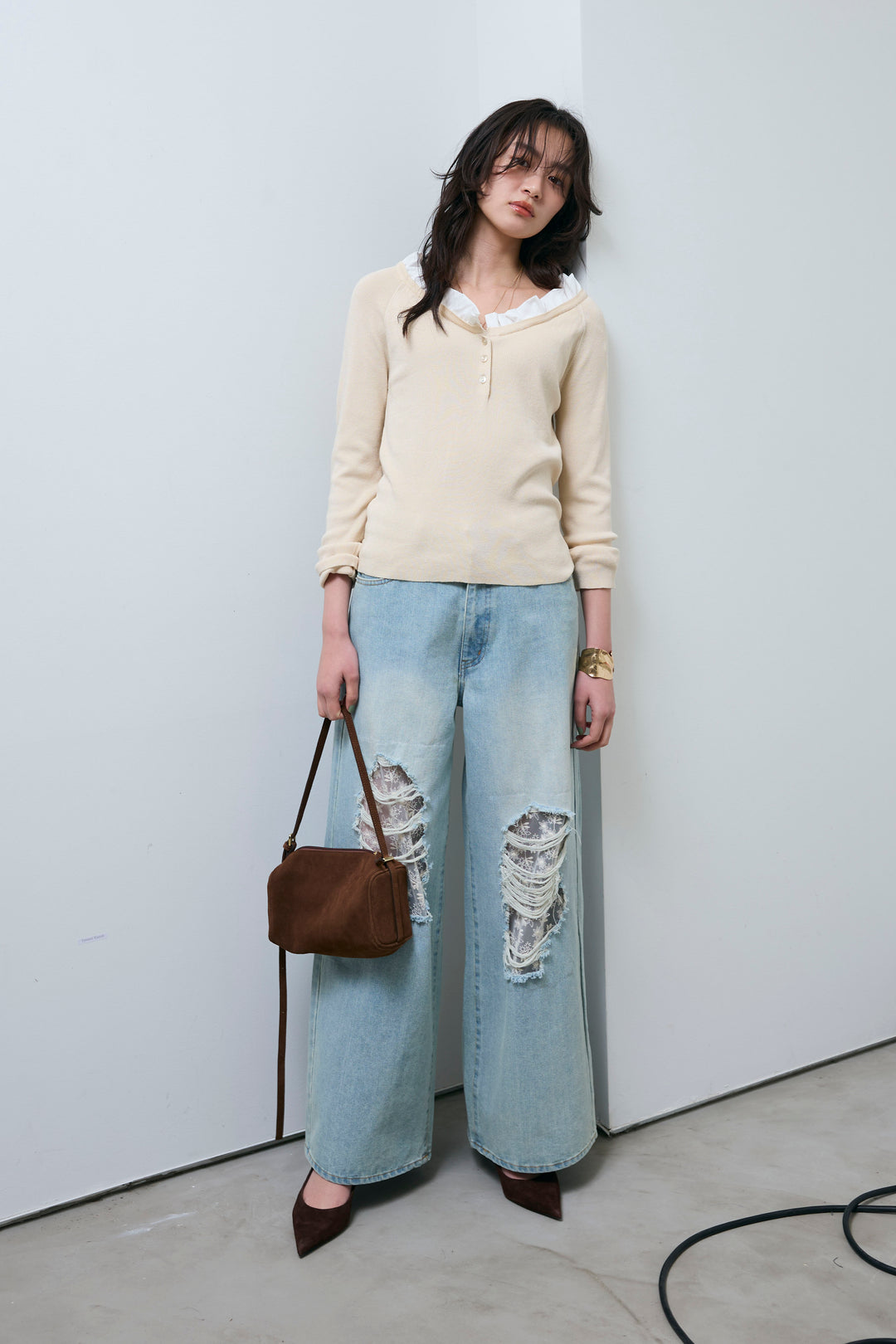 [予約/SET]ミニフリルニットトップス+レース付きダメージデニム(2set)