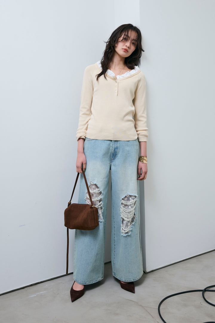 [予約/SET]ミニフリルニットトップス+レース付きダメージデニム(2set)