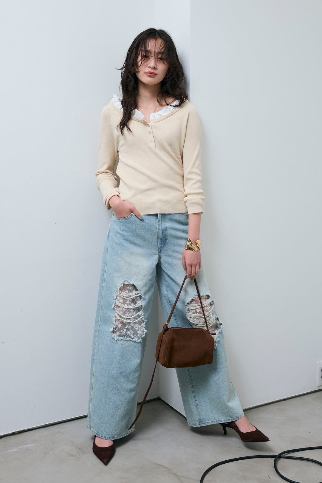 [予約/SET]ミニフリルニットトップス+レース付きダメージデニム(2set)