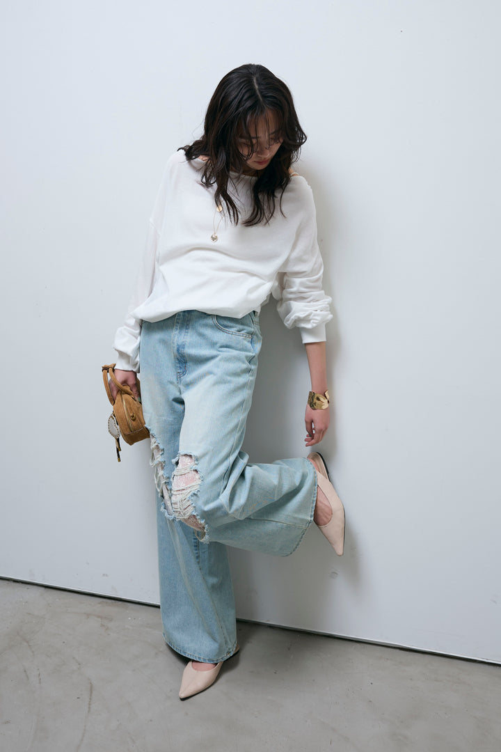 [予約/SET]シアーオフショルプルオーバー+レース付きダメージデニム(2set)