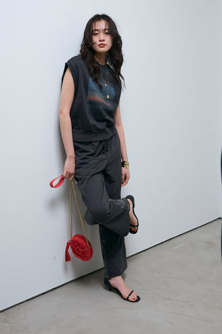 [予約/SET]フォトプリント裏毛ノースリPO+異素材切り替え裏毛パンツ(2set)