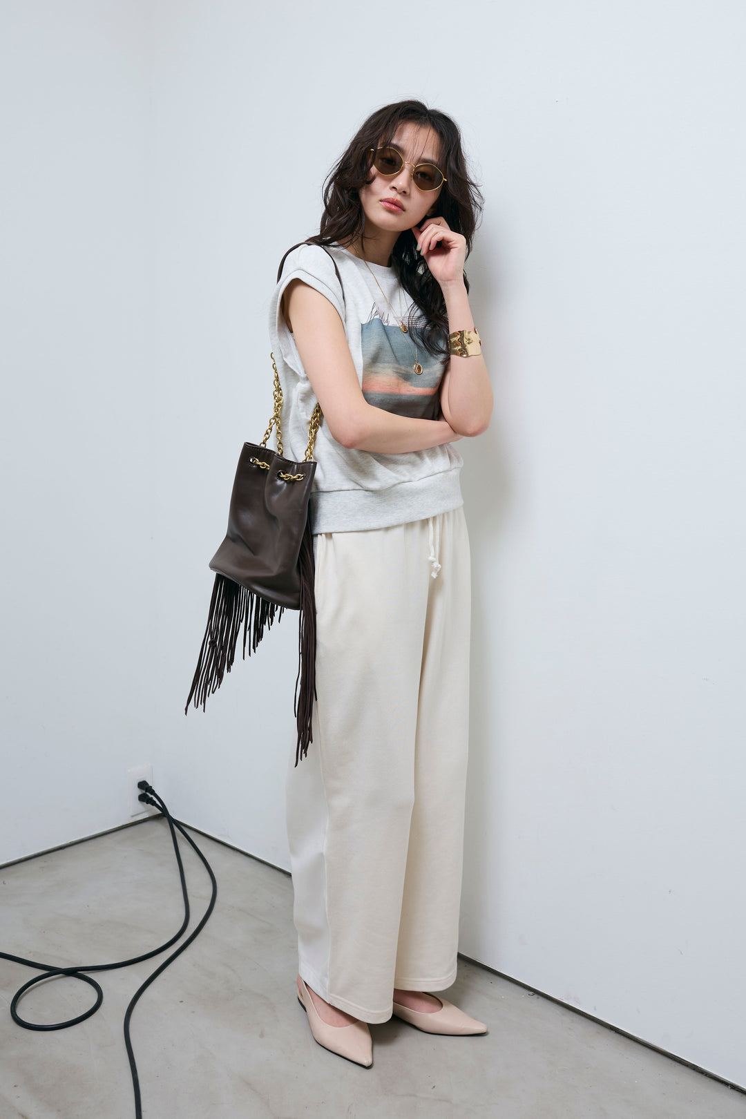 [予約/SET]フォトプリント裏毛ノースリPO+異素材切り替え裏毛パンツ(2set)