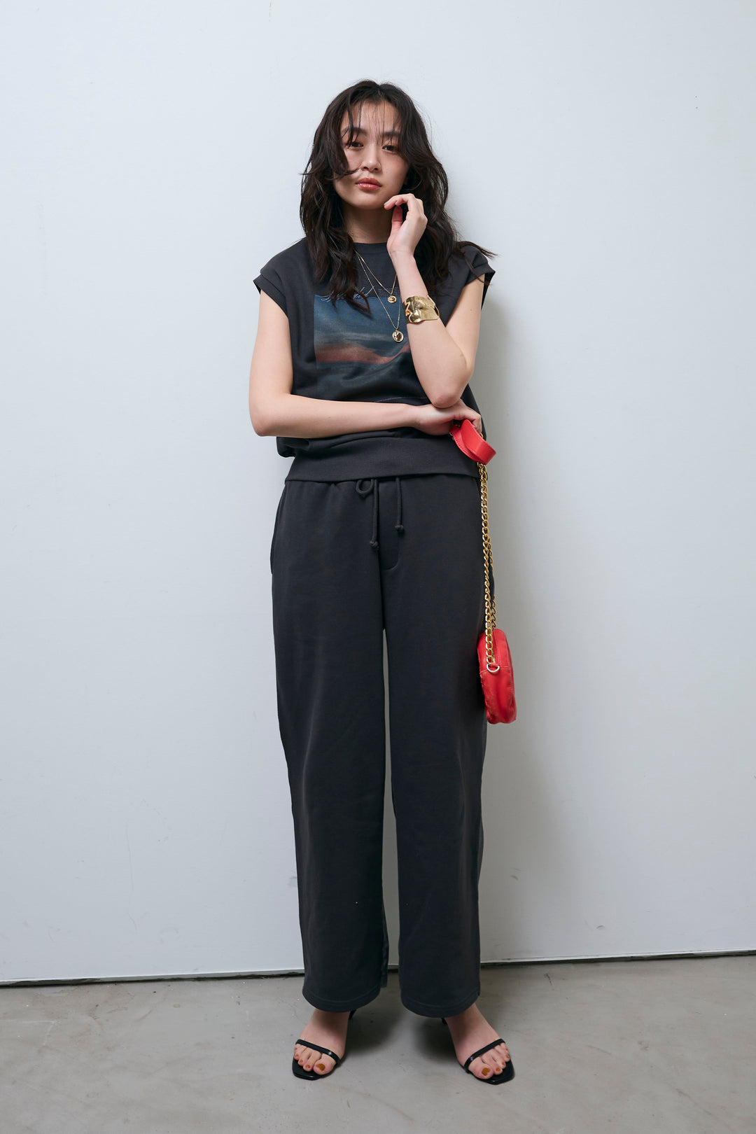 [予約/SET]フォトプリント裏毛ノースリPO+異素材切り替え裏毛パンツ(2set)