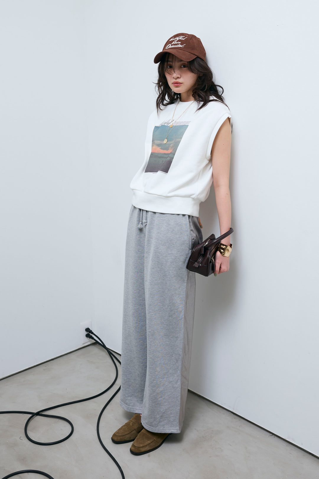 [予約/SET]フォトプリント裏毛ノースリPO+異素材切り替え裏毛パンツ(2set)