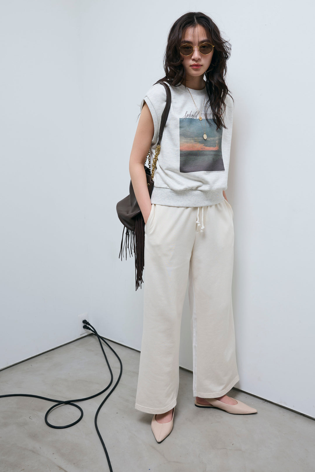 [予約/SET]フォトプリント裏毛ノースリPO+異素材切り替え裏毛パンツ(2set)