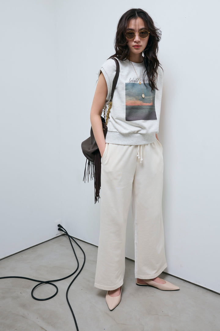 [予約/SET]フォトプリント裏毛ノースリPO+異素材切り替え裏毛パンツ(2set)