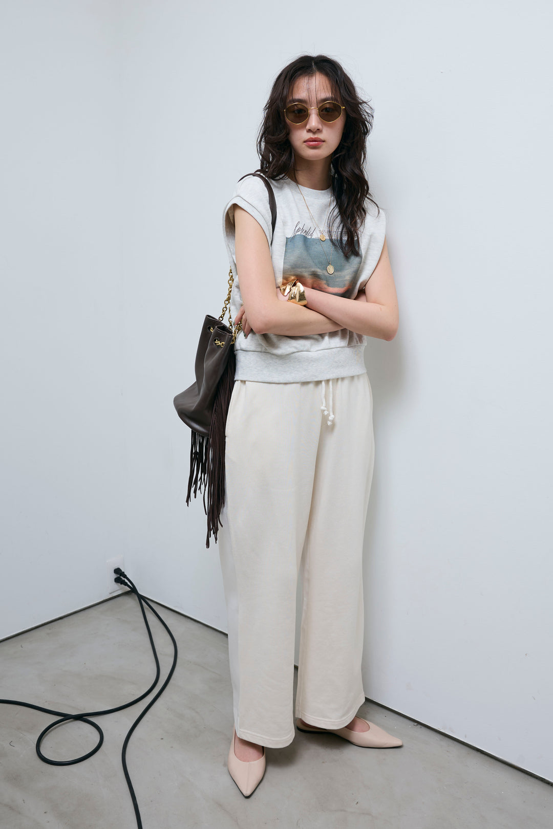 [予約/SET]フォトプリント裏毛ノースリPO+異素材切り替え裏毛パンツ(2set)