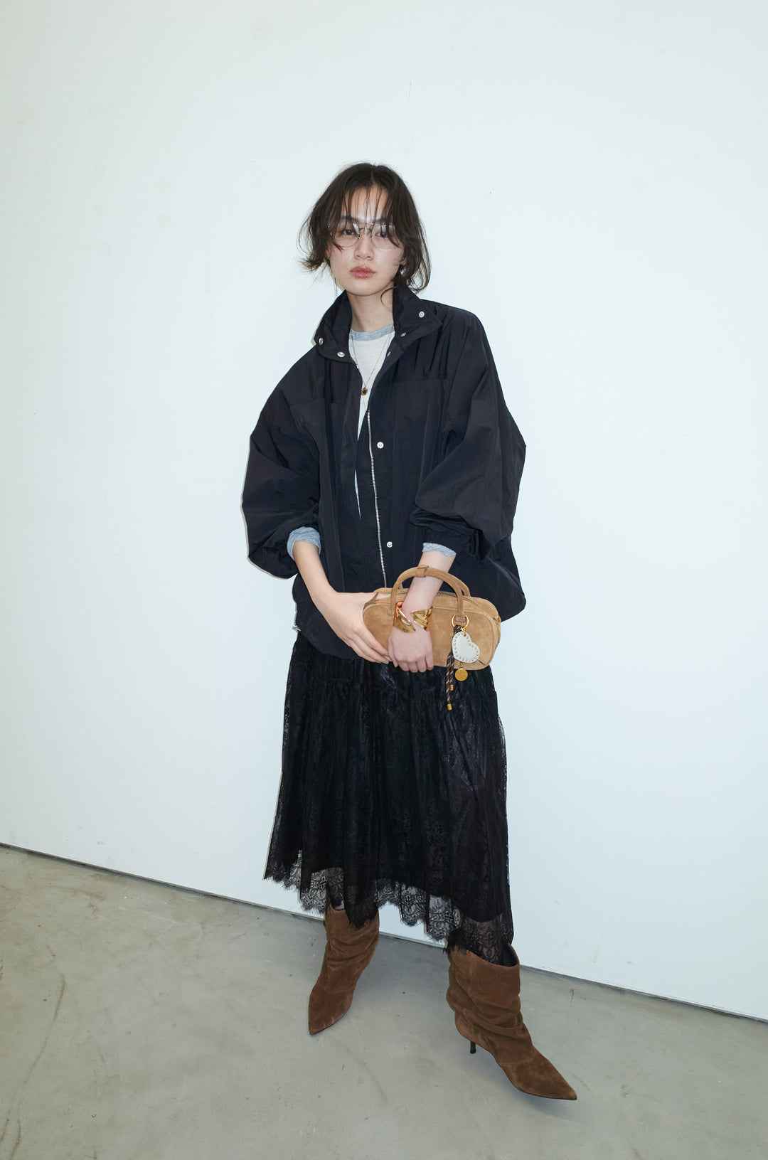 [予約/SET]ナイロンタフタスタンドカラーブルゾン+シアーラグランPO+レース 切替ロングスカート(3set)