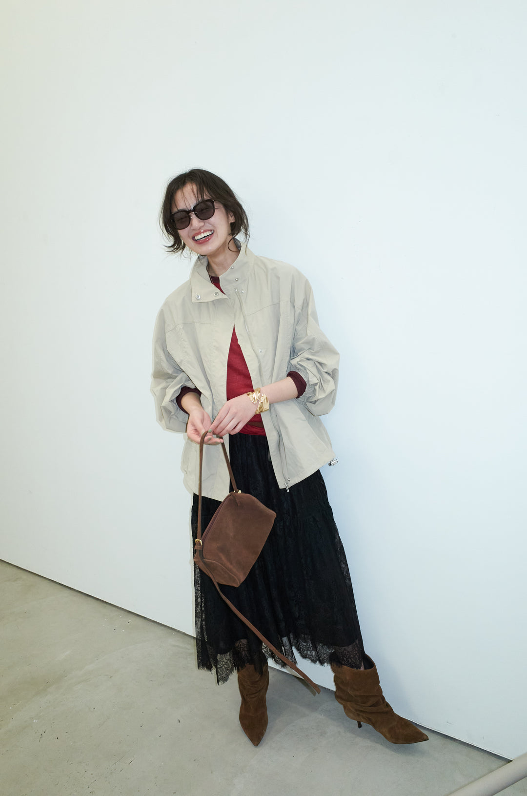 [予約/SET]ナイロンタフタスタンドカラーブルゾン+シアーラグランPO+レース 切替ロングスカート(3set)