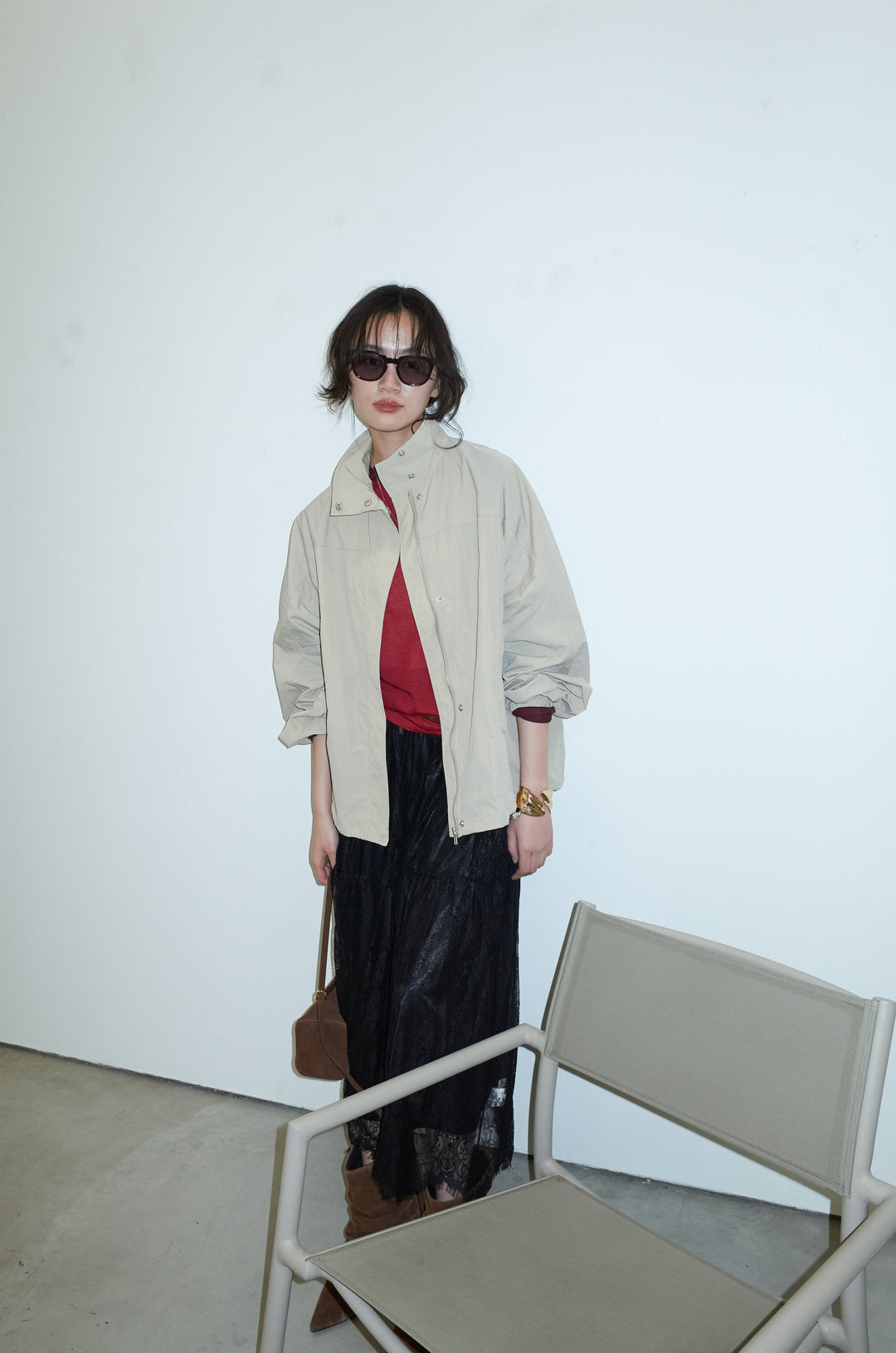 [予約/SET]ナイロンタフタスタンドカラーブルゾン+シアーラグランPO+レース 切替ロングスカート(3set)