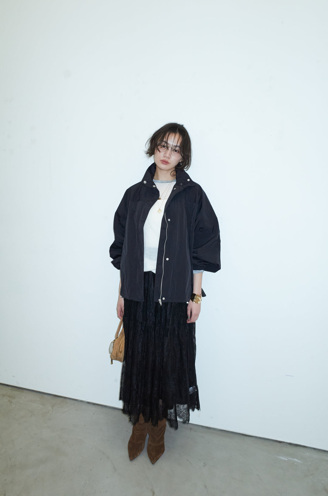 [予約/SET]ナイロンタフタスタンドカラーブルゾン+シアーラグランPO+レース 切替ロングスカート(3set)