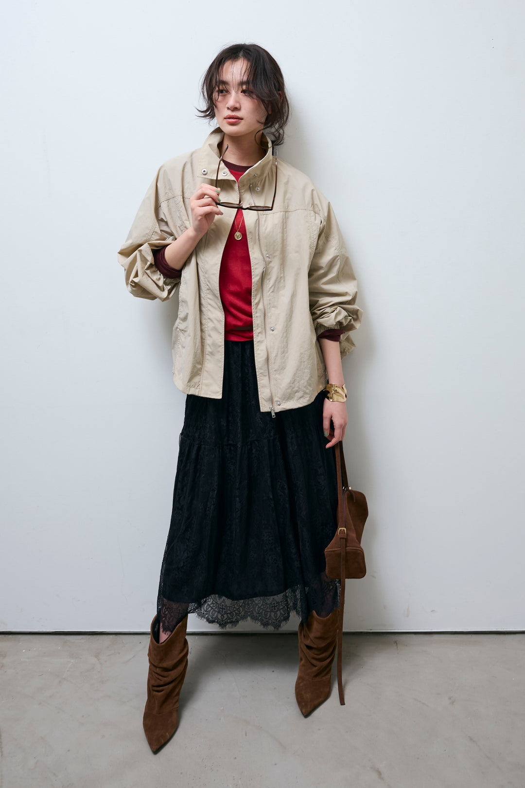 [予約/SET]ナイロンタフタスタンドカラーブルゾン+シアーラグランPO+レース 切替ロングスカート(3set)