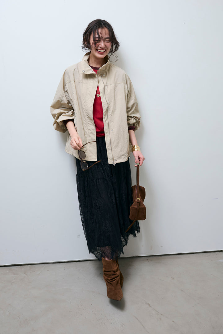 [予約/SET]ナイロンタフタスタンドカラーブルゾン+シアーラグランPO+レース 切替ロングスカート(3set)