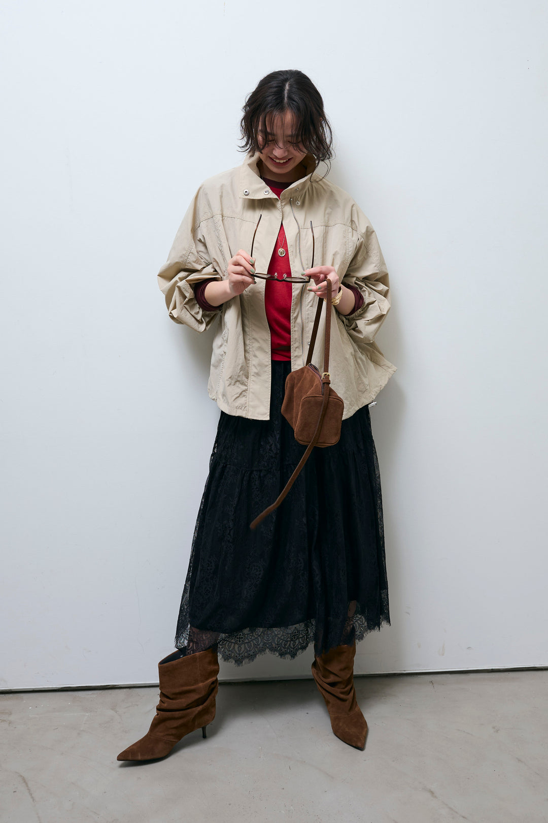 [予約/SET]ナイロンタフタスタンドカラーブルゾン+シアーラグランPO+レース 切替ロングスカート(3set)