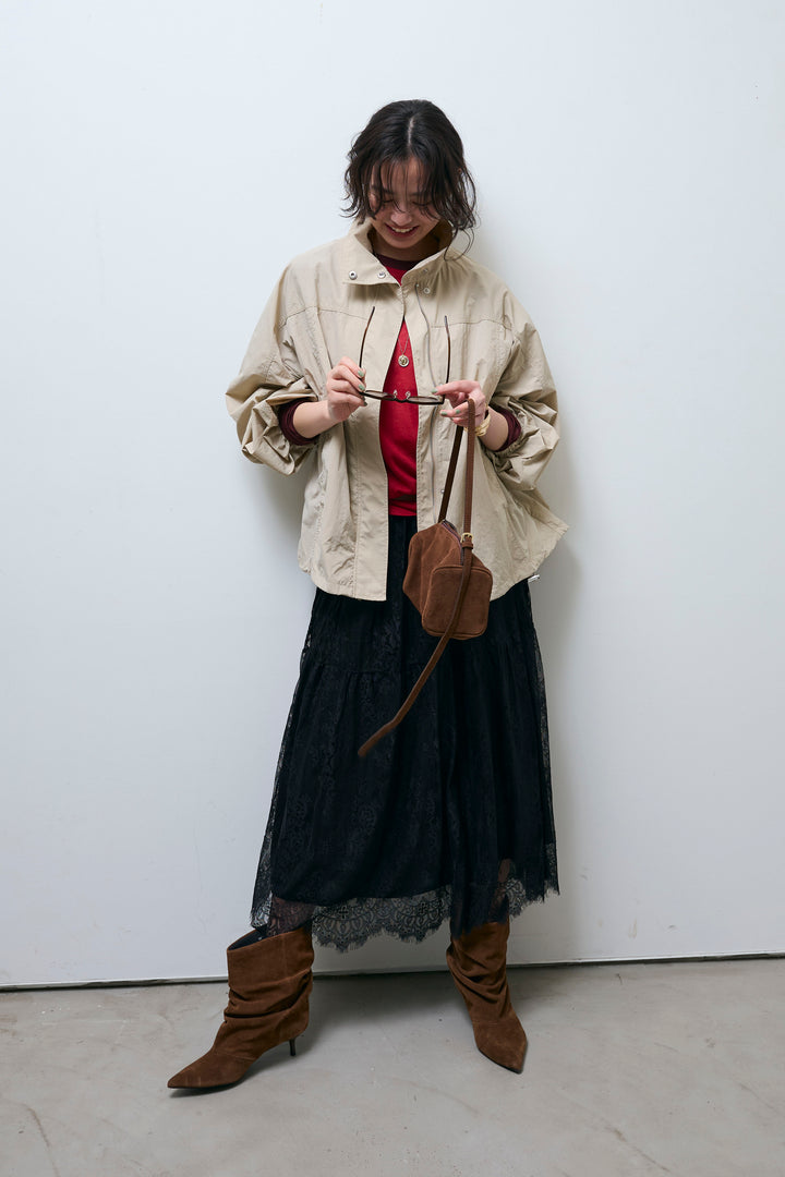 [予約/SET]ナイロンタフタスタンドカラーブルゾン+シアーラグランPO+レース 切替ロングスカート(3set)