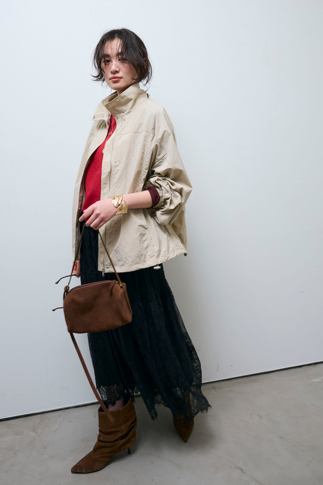 [予約/SET]ナイロンタフタスタンドカラーブルゾン+シアーラグランPO+レース 切替ロングスカート(3set)