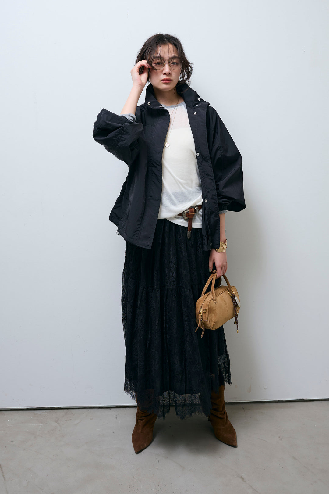 [予約/SET]ナイロンタフタスタンドカラーブルゾン+シアーラグランPO+レース 切替ロングスカート(3set)