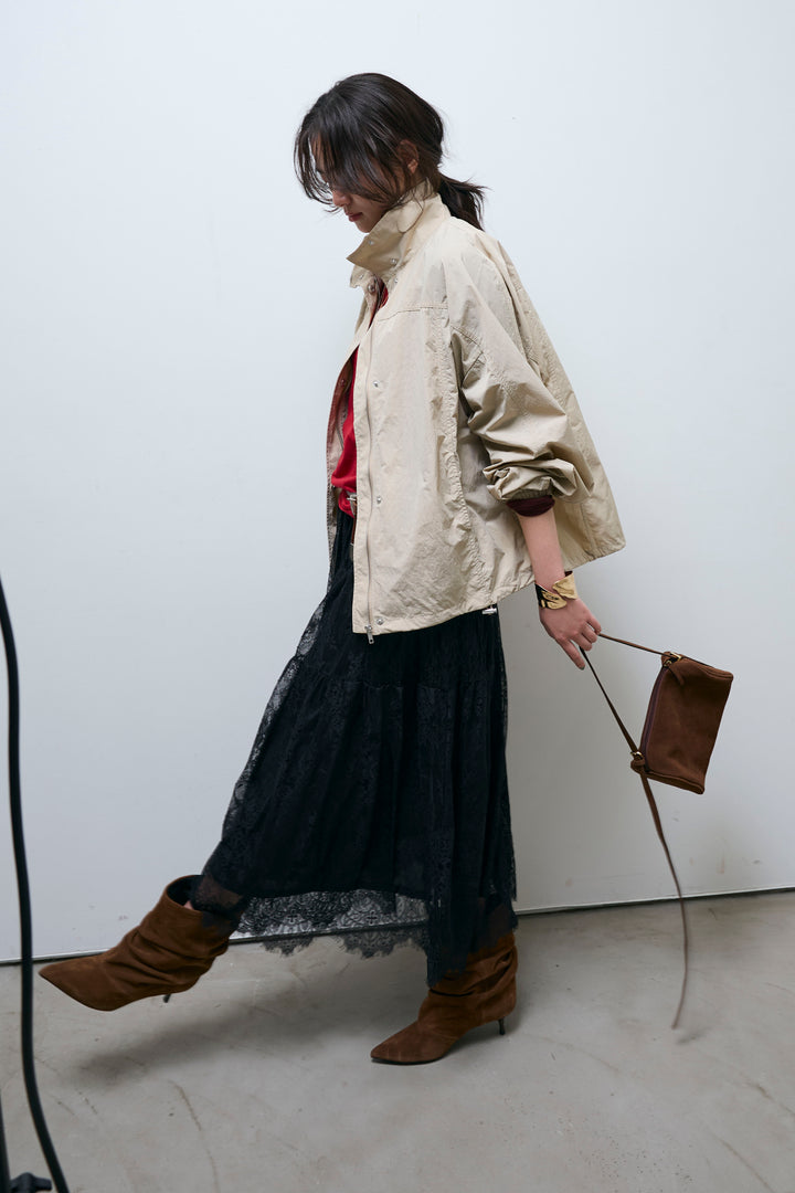 [予約/SET]ナイロンタフタスタンドカラーブルゾン+シアーラグランPO+レース 切替ロングスカート(3set)