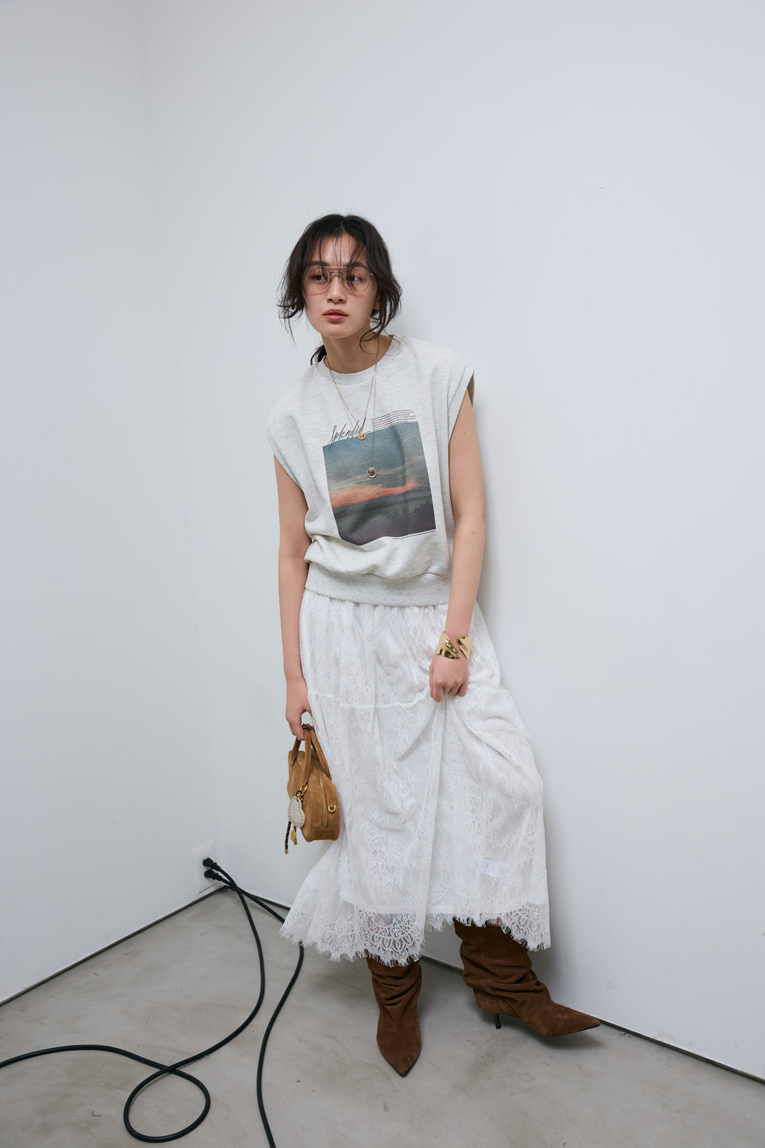 [予約/SET]フォトプリント裏毛ノースリPO+レース 切替ロングスカート(2set)