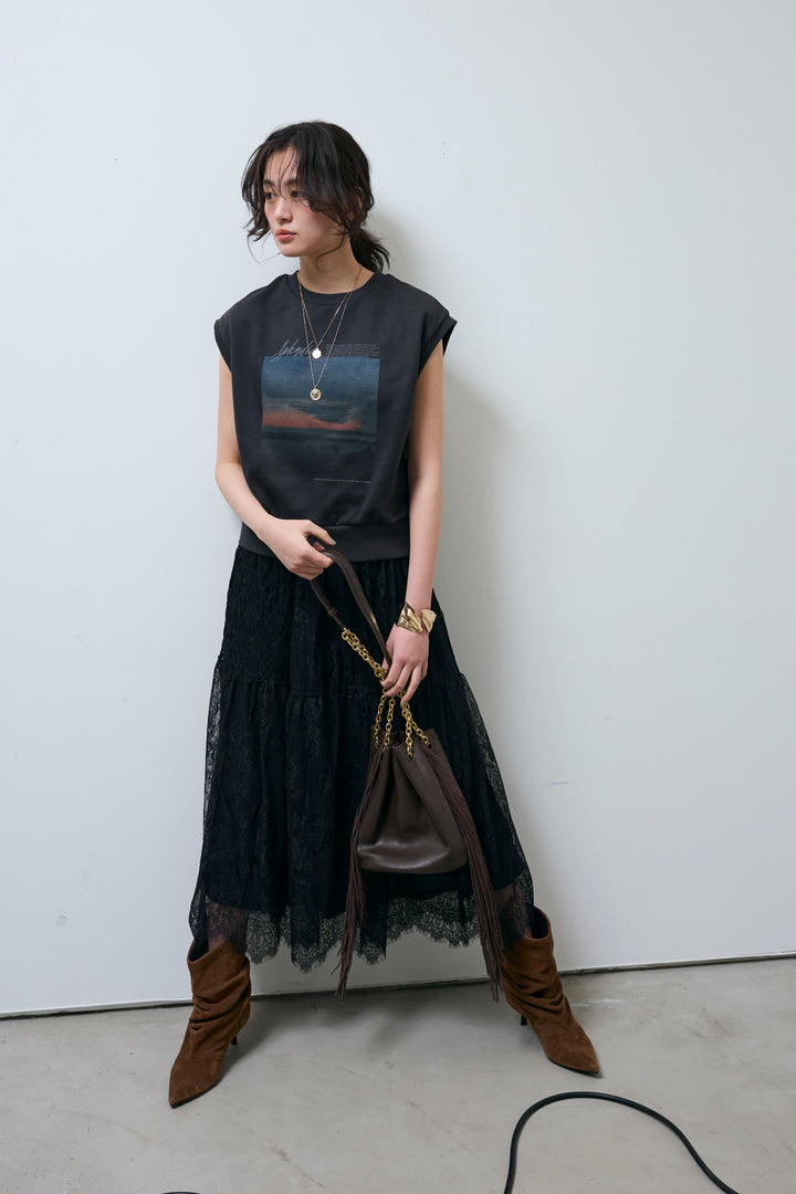 [予約/SET]フォトプリント裏毛ノースリPO+レース 切替ロングスカート(2set)