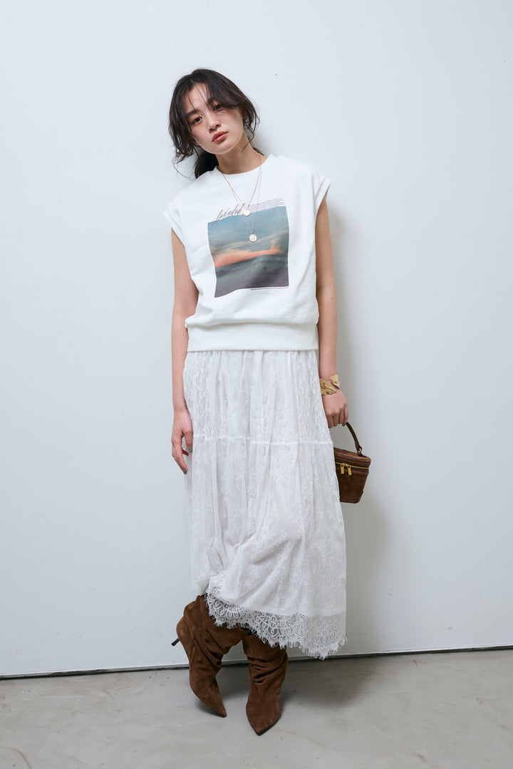 [予約/SET]フォトプリント裏毛ノースリPO+レース 切替ロングスカート(2set)