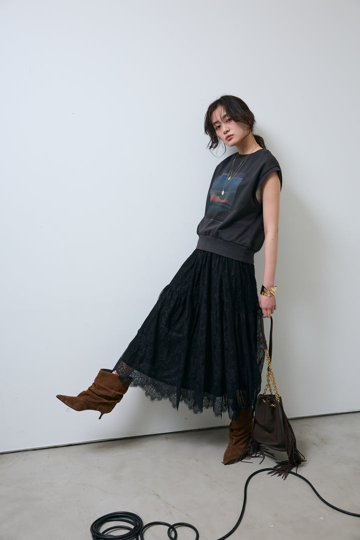 [予約/SET]フォトプリント裏毛ノースリPO+レース 切替ロングスカート(2set)