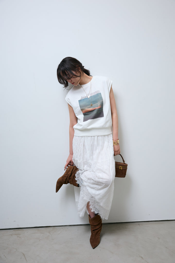 [予約/SET]フォトプリント裏毛ノースリPO+レース 切替ロングスカート(2set)