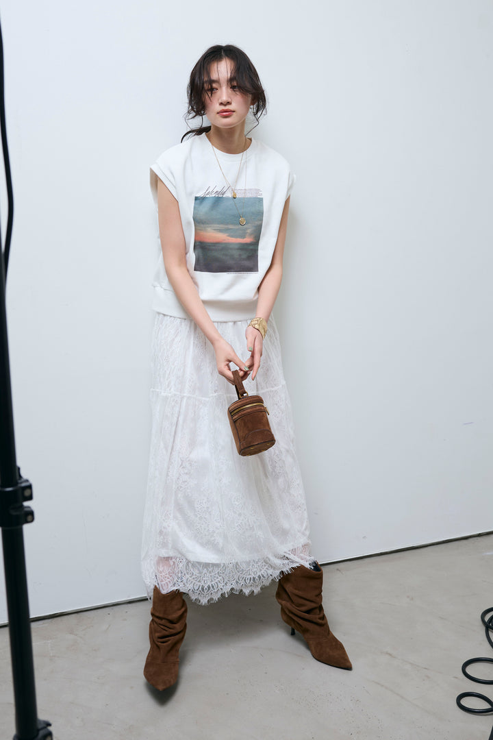 [予約/SET]フォトプリント裏毛ノースリPO+レース 切替ロングスカート(2set)