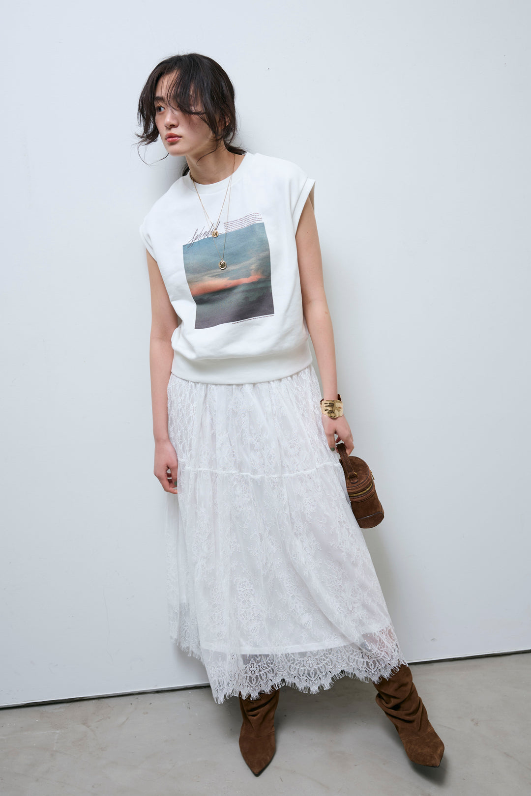 [予約/SET]フォトプリント裏毛ノースリPO+レース 切替ロングスカート(2set)