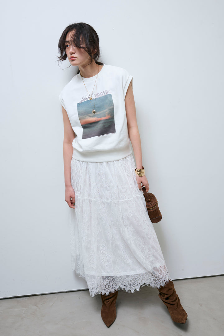 [予約/SET]フォトプリント裏毛ノースリPO+レース 切替ロングスカート(2set)