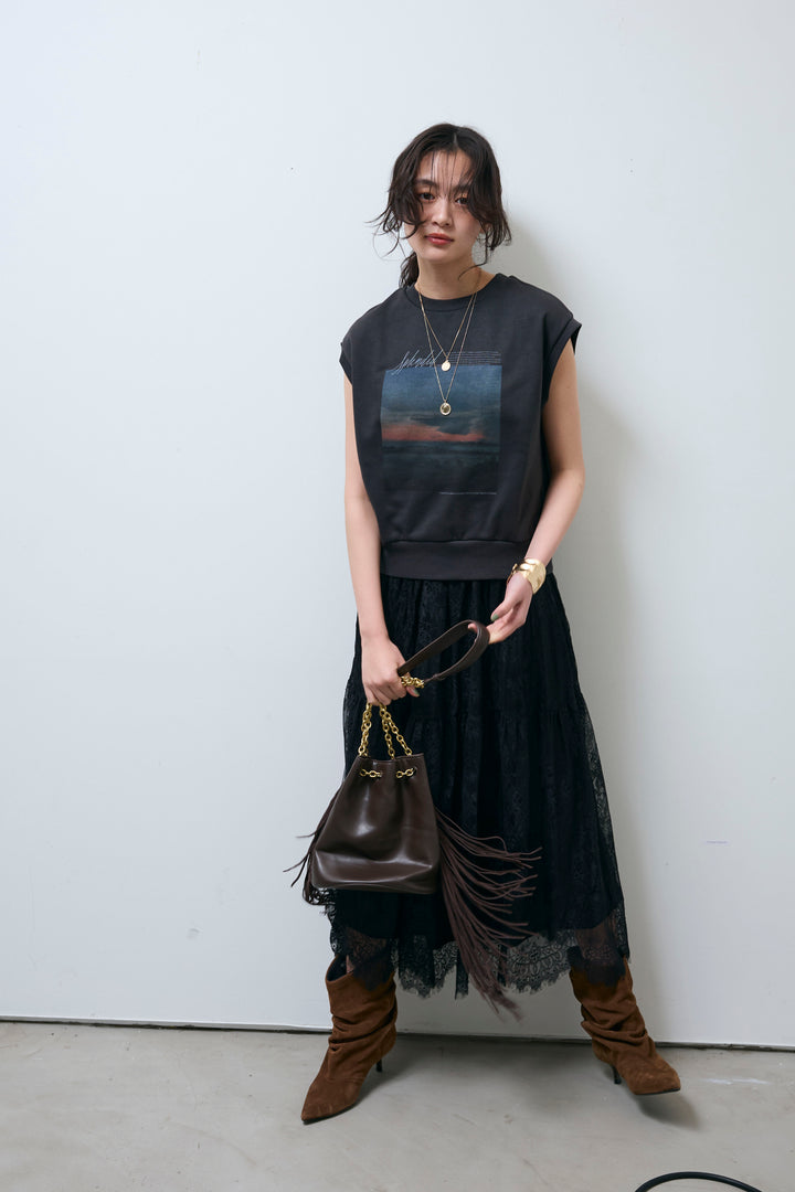 [予約/SET]フォトプリント裏毛ノースリPO+レース 切替ロングスカート(2set)