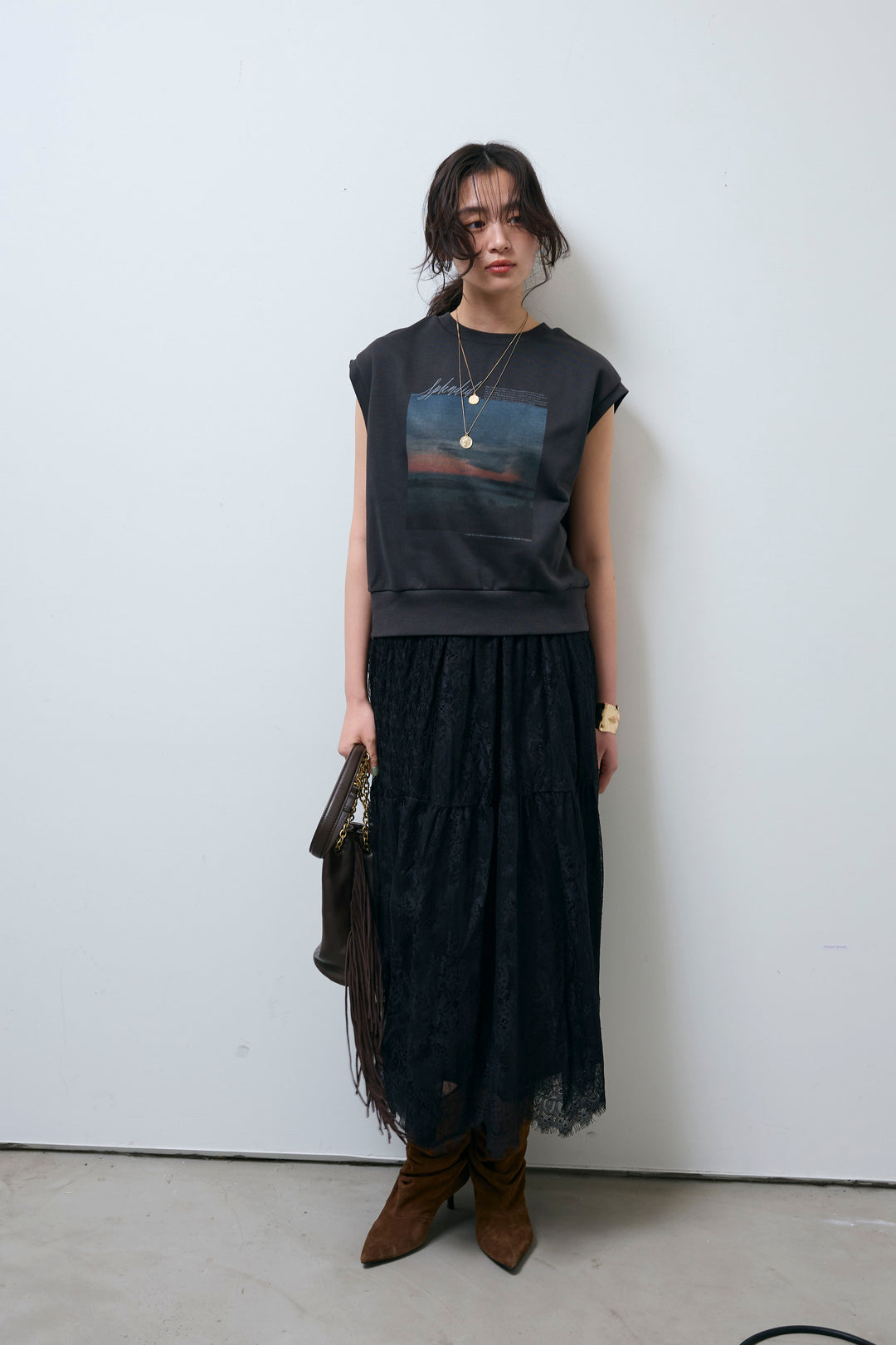 [予約/SET]フォトプリント裏毛ノースリPO+レース 切替ロングスカート(2set)