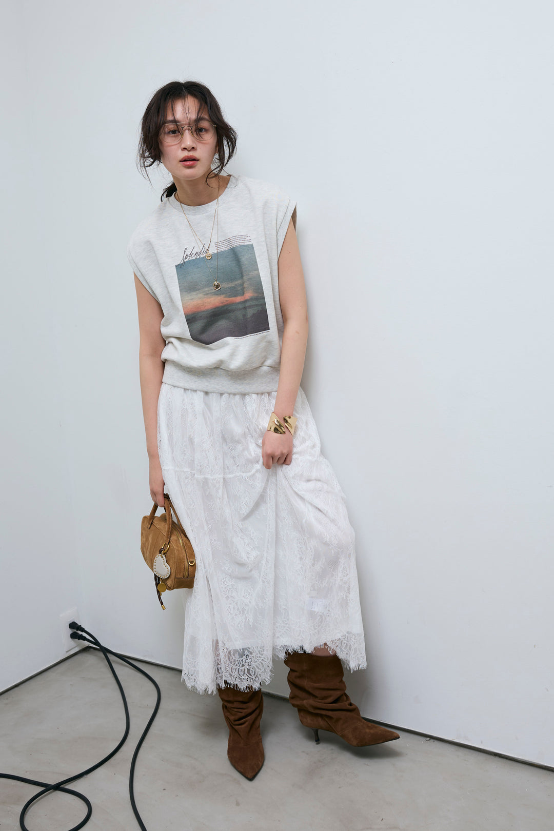 [予約/SET]フォトプリント裏毛ノースリPO+レース 切替ロングスカート(2set)