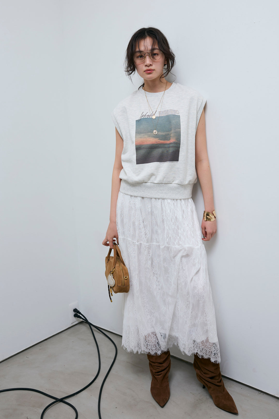 [予約/SET]フォトプリント裏毛ノースリPO+レース 切替ロングスカート(2set)