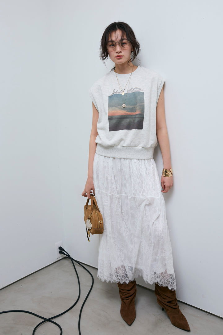 [予約/SET]フォトプリント裏毛ノースリPO+レース 切替ロングスカート(2set)
