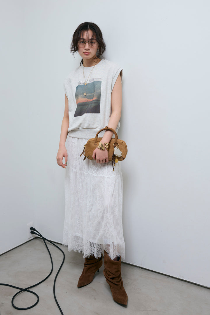 [予約/SET]フォトプリント裏毛ノースリPO+レース 切替ロングスカート(2set)