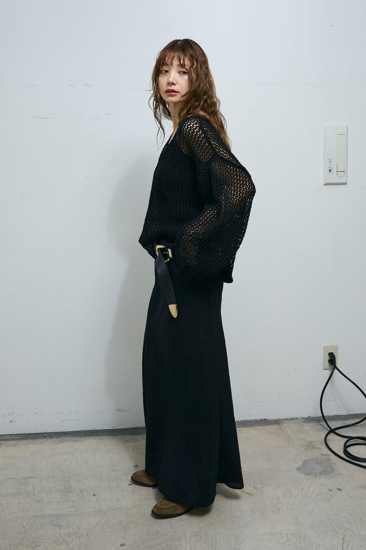 [予約/SET]メッシュ編みキャミセットVネックプルオーバー+リネンブレンドロングナロースカート(2set)